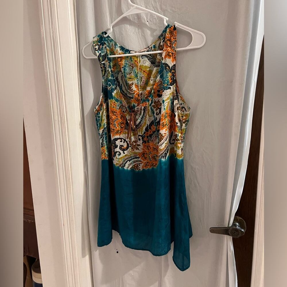 Language teal 100% silk tank top tie front shark bite hem size medium